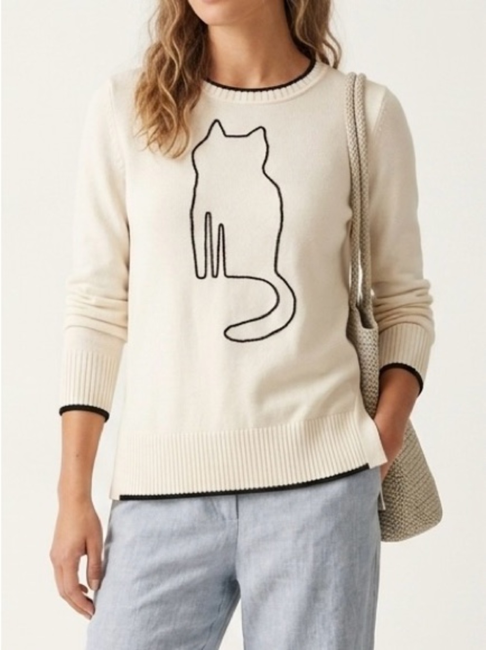 LOFT Cream Cat Embroidered Knit Sweater XS Minimalist Elevated Casual